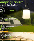 Powerful 1000LM LED Camping Lantern With Rechargeable Battery hanging outdoors at night, illuminating campsite and table.
