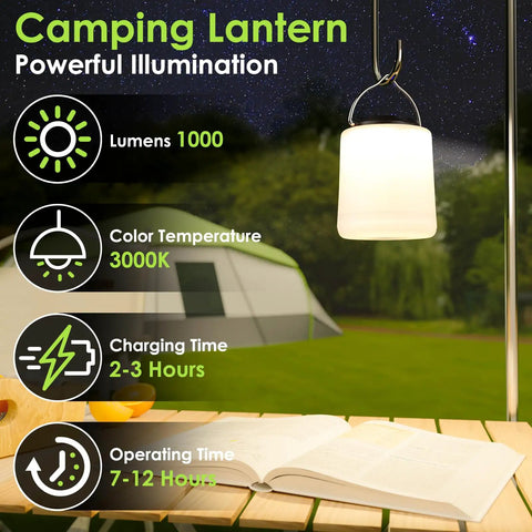 Powerful 1000LM LED Camping Lantern With Rechargeable Battery hanging outdoors at night, illuminating campsite and table.