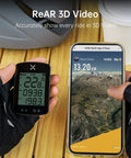 Gen2 GPS Bike Computer With Bluetooth, IPX7 Waterproof, in hand showing ride data beside smartphone with 3D map