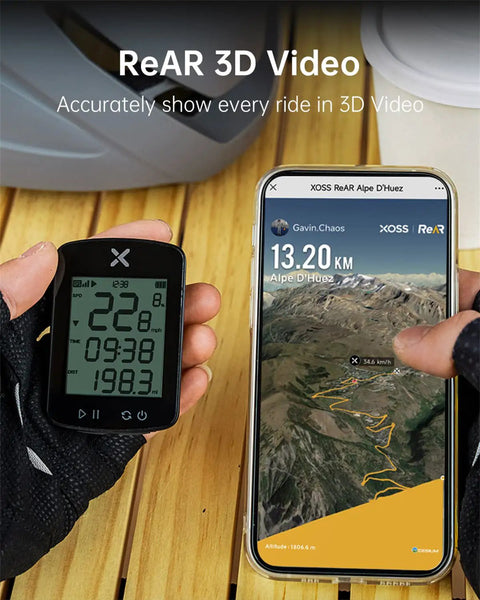 Gen2 GPS Bike Computer With Bluetooth, IPX7 Waterproof, in hand showing ride data beside smartphone with 3D map