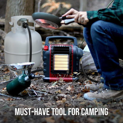 Person using 8 Foot Propane Hose Adapter 1Lb To 20Lb With QCC1 Type1 CGA600 Connection for camping heater and stove outdoors.