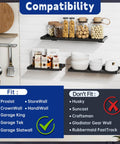 Beefy Heavy Duty Slatwall Shelf 16x12 Inch Steel Storage Rack For Garage And Workshop 2 Pack Holds Up To 100 Lbs All Steel Construction Wide Slatwall Compatibility With Proslat Crownwall StoreWALL HandiWall NewAge compatibility chart with shelves and storage items displayed.