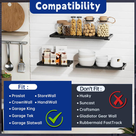 Beefy Heavy Duty Slatwall Shelf 16x12 Inch Steel Storage Rack For Garage And Workshop 2 Pack Holds Up To 100 Lbs All Steel Construction Wide Slatwall Compatibility With Proslat Crownwall StoreWALL HandiWall NewAge compatibility chart with shelves and storage items displayed.