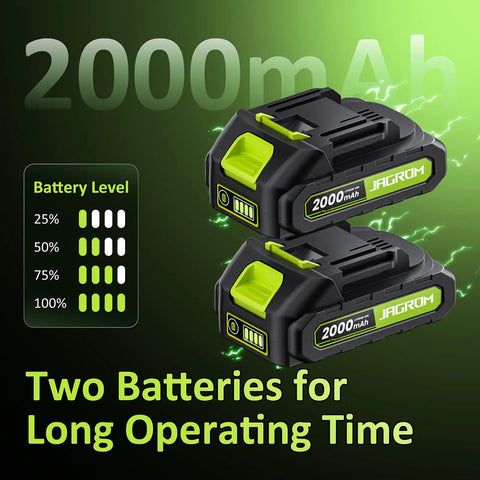 Image of two 2000mAh batteries for Cordless 20V Weed Wacker String Trimmer And Edger 2 In 1 With Wheel, showing battery level indicators.