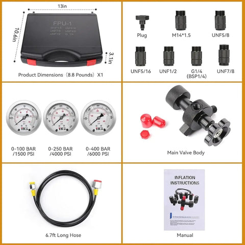 Pro Grade Nitrogen Accumulator Charging Kit For Hydraulic Systems With Pressure Test Tool, Three Gauges 1500 4500 6000 Psi, Seven Adapters, Gas Hose And Main Valve Body, Excavator Gas Filling Tool