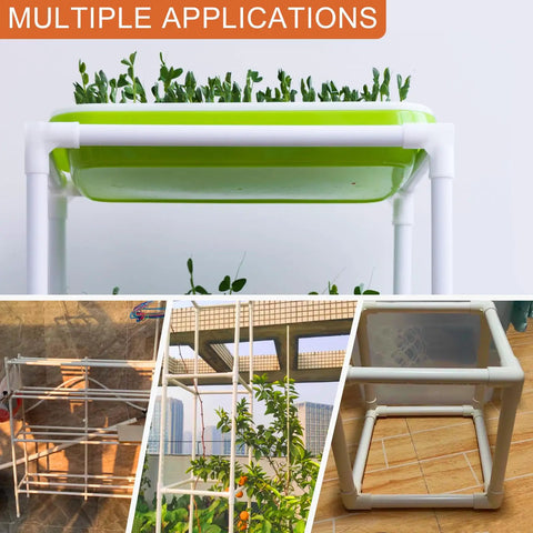 Collage showing 4 Pack 1/2 Inch PVC Fittings 4 Way Elbow Connector Furniture Grade For DIY Shelving And Storage Frames in various applications
