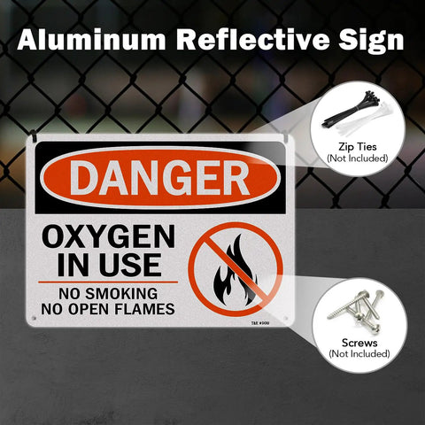 Rock Solid Oxygen In Use Safety Signs With No Smoking Warning 10X7 Inch Rust Free Aluminum Wall Placards 2 Pack on a fence.