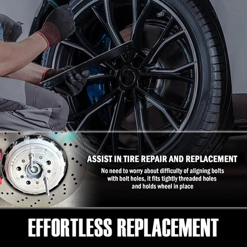 Using Stainless Steel Wheel Alignment Pin With M14x1.5 Thread to align car wheel during tire repair, effortless replacement.