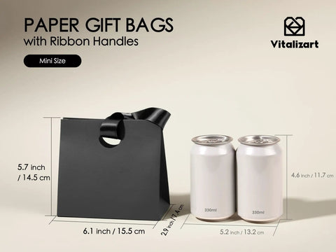 Mini Gift Bags With Ribbon Handles Set Of 10 Assorted Colors For Party Favors And Gift Wrapping, black bag next to cans.