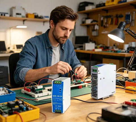 Man using Rock Solid 24 Volt Dc Din Rail Power Supply 120 Watt for PLC and CNC setups in workshop with components and tools.