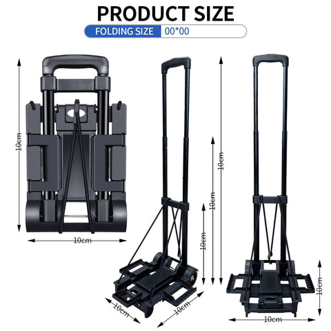 Front view of a black Amazon folding hand truck luggage cart with extendable handle, two wheels and two ropes.