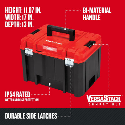 VersaStack Deep Tool Box Lockable 17 Inch Organizer With Removable Tray And IP54 Water Dust Protection Bi Material Handle For Easy Lifting Extra Large Storage For Full Tool Set Stackable Tough Case For Pros