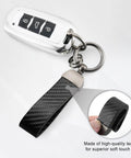 Premium Leather And Slick Carbon Fiber Keychain Featuring An Anti Lost D Ring With Two Extra Key Loops Made From Tough Zinc Alloy Hardware For Secure Daily Carry Or Glove Box Setup In Classic Black showing key fob.