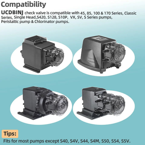 UCDBINJ 1/4-inch injection check valve for most peristaltic pumps; four black pump units with clear valve heads shown.