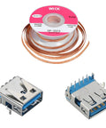 PS5 USB Port Replacement Kit With 2 USB Connectors, 20 Dust Plugs, Desoldering Wick, No Clean Solder Wire Roll For PS5 Pro, Slim, And Legacy Consoles DIY Fix Ready including desoldering wick and USB port connectors.
