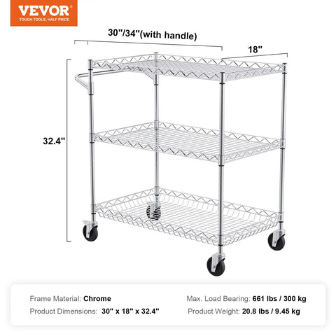 Must Have Heavy Duty 3 Tier Kitchen Utility Cart On Wheels With 661 Lbs Capacity, Wire Rolling Table And Metal Storage Trolley