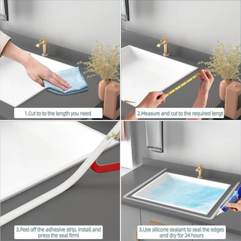 Step-by-step installation guide for 39 Inch Shatterproof Snap Together Shower Threshold Water Dam And Sink Splash Guard.
