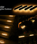 Solar outdoor lights illuminating steps and garden with warm glow at night