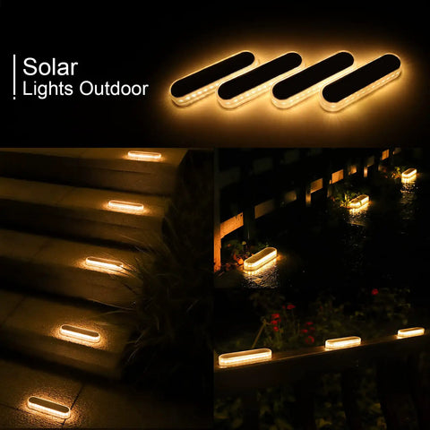 Solar outdoor lights illuminating steps and garden with warm glow at night
