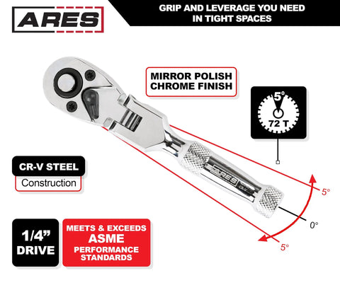 3/8-Inch Flex Head Ratchet With 72-Tooth Quick Release, reversible design, chrome finish, 5-degree swing for tight spaces.