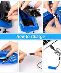 Charging process of blue RC boat from Triple Pack Remote Control RC Boat Set for Kids and Grownups with USB Chargers.