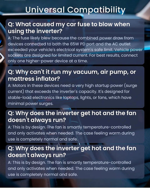 Universal compatibility FAQs for 150W Car Power Inverter Converts 12V DC To 110V AC With Dual USB Ports and Ride Ready Vehicle Adapter.