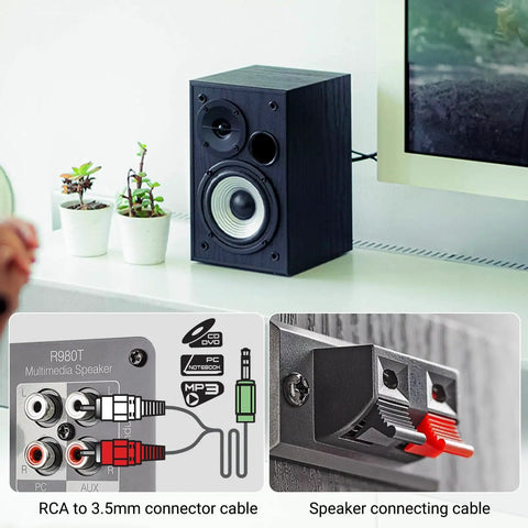 4 Inch Active Bookshelf Speakers With 24W RMS Front Ported Desktop Studio Monitor for computer use next to a TV with cables