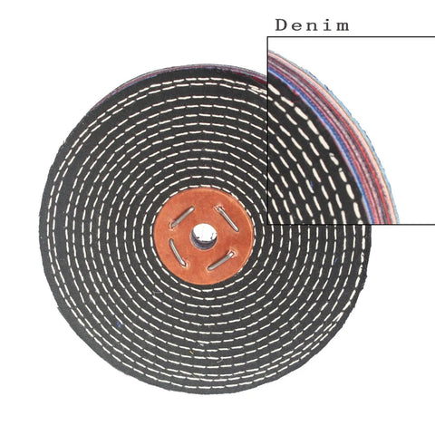 Denim Buffing Wheel For Bench Grinder And Die Grinder, Six Inch By One Inch Thick With Half Inch Arbor, cloth and stitches