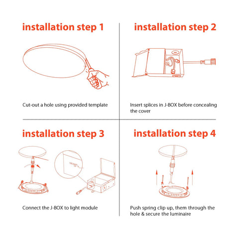 Installation steps for 12 Pack 6 Inch LED Recessed Downlights With J Box Dimmable Canless Ceiling Lights Kickin Bright 850 Lumens 12W.