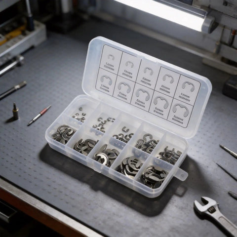 Heavy Duty 120PCS Stainless Steel E-Clip Assortment Set Featuring M1.5 To M10 External Retaining Rings displayed in a clear organizer box.