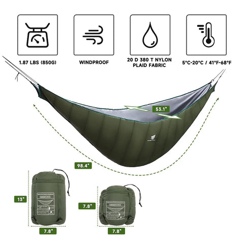 Ultralight Hammock Underquilt For Camping Full Length Warm Three To Four Seasons Hiking Backpacking Travel Water Resistant Soft Silk Fill Cozy Outdoor Gear Keeps You Toasty shown with packed dimensions and features.