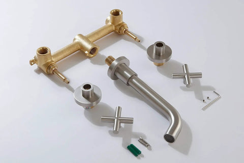 Brushed Nickel Wall Mount Bathroom Faucet With Double Handles Includes Rough In Valve Drip Free Ceramic Disc Cartridge Solid Brass Build