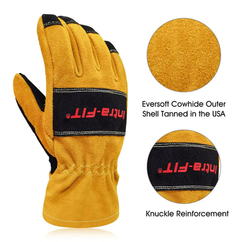 Yellow X Large Firefighter Glove With 3D Curved Design, heat resistant, Eversoft cowhide, knuckle reinforcement