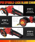 Badass 3 Inch Mini Circular Saw Featuring A Powerful 21V Brushless Motor And Cordless Cut Off Capability For Smooth One Handed Work And Tight Job Site Cuts Without Any Sweat, illustrating rapid spindle-lock blade change steps.