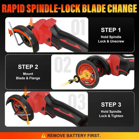 Badass 3 Inch Mini Circular Saw Featuring A Powerful 21V Brushless Motor And Cordless Cut Off Capability For Smooth One Handed Work And Tight Job Site Cuts Without Any Sweat, illustrating rapid spindle-lock blade change steps.