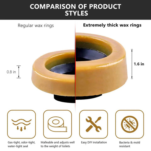 Comparison of regular 0.8 inch and extra thick 1.6 inch toilet wax rings with flange highlighting DIY plumbing benefits.