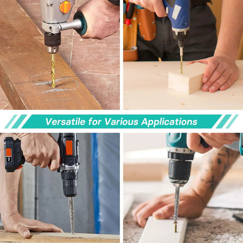 Collage of 14 piece left hand drill bit and screw extractor set in use on wood and metal surfaces, showcasing versatility.