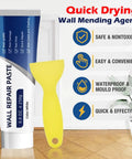 Quick Fix Drywall Repair Kit Includes Scraper Plus Fast Drying Wall Patch Paste For Hole And Crack Filler Delivering A Slick Finish For Every Homeowner Trying To Patch Up Walls Today, featuring wall repair paste and yellow scraper.