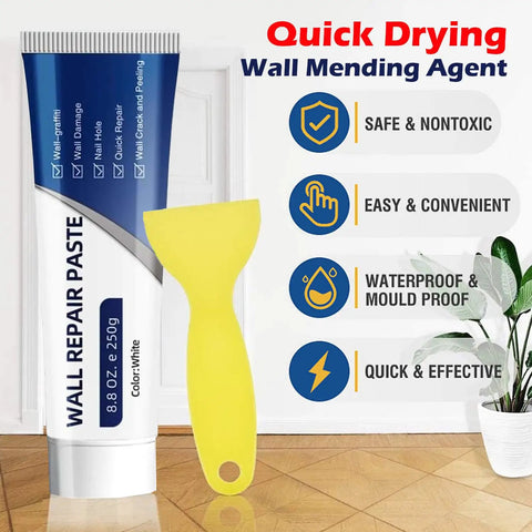 Quick Fix Drywall Repair Kit Includes Scraper Plus Fast Drying Wall Patch Paste For Hole And Crack Filler Delivering A Slick Finish For Every Homeowner Trying To Patch Up Walls Today, featuring wall repair paste and yellow scraper.