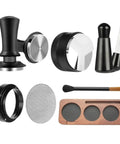 Crank Out Shop Quality Espresso Shots With This Premium 51Mm Tamper Set Including Seven Essential Tools A Smart Distribution Wand And Soft Counter Pad For Home Brewers. Seven-piece espresso tool kit showcasing tamper, wand, and accessories.
