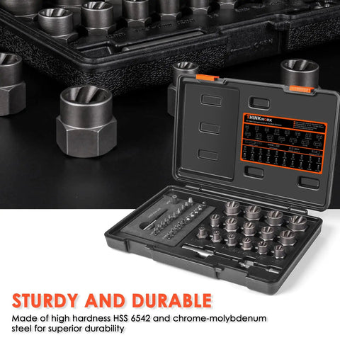 Damaged Screw Extractor Set For Stubborn Fasteners, 2-21mm, 39-Piece Broken Bolt Kit with robust chrome-moly steel in a case