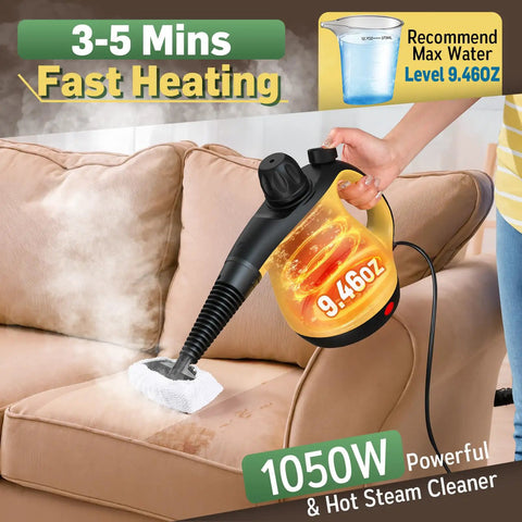 Super Powerful 1050W Handheld Steam Cleaner With 11 Pieces Accessories For Deep Cleaning Home Car Tile Grout And Furniture in use on a couch.