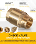 Brass one-way check valve, 1-inch NPT male inlet, 1-inch FNPT outlet, backflow preventer for irrigation.