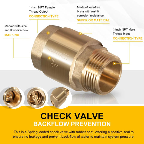 Brass one-way check valve, 1-inch NPT male inlet, 1-inch FNPT outlet, backflow preventer for irrigation.