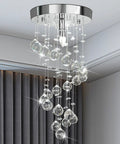 Spiral Crystal Chandelier Flush Mount With Raindrop Crystal Orbs Bangin Mini Ceiling Light Fixture in modern bedroom setting.