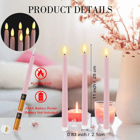 24 Pack Flameless Taper Candles 11 Inch LED Flickering Battery Operated Pink Realistic Candlelight Go To Wedding Table Centerpieces Lit For Spring Summer Events And Romantic Indoor Outdoor Decor, four pink LED candles displayed with glowing tips