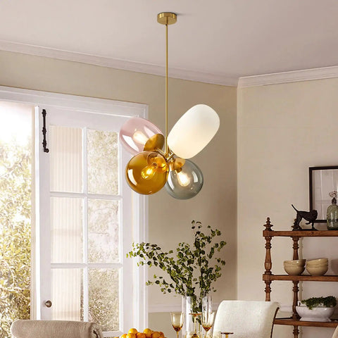 Modern Colorful Glass Pendant Lights With Gold Globe Finish, Stained Glass Balloon Chandeliers For Kitchen Island And Kids Room