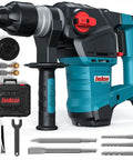 Front view of ENEACRO SDS-Plus 1-1/4 in rotary hammer drill with case, bits, chisels, grease tube, and wrench