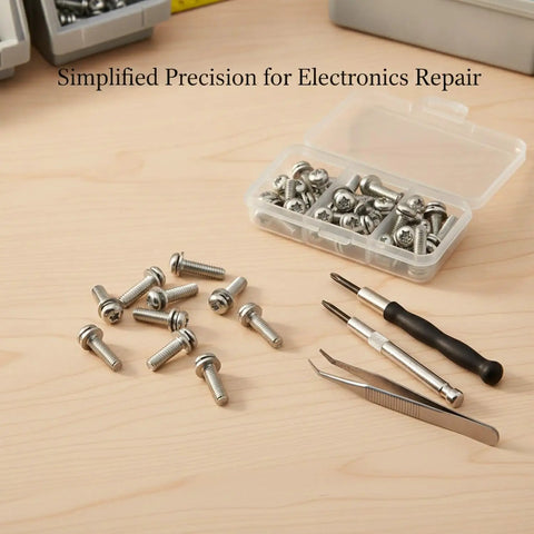 Top Tier 304 Stainless Steel Pan Head Combo Screws With Integrated Washers, M1.6 To M2 Micro Assortment, No-Drama Quick Install For Electronics And DIY Creations, Hella Secure Vibration Proof Grip, 50 Pack displayed with tools.