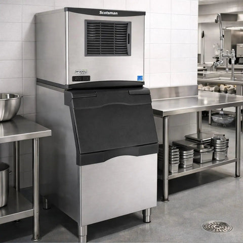 Heavy Duty Commercial Nugget Ice Maker Producing Beast Mode Cubes For Hospitality Venues With Large Capacity Bins And Fast Cycle Times in a kitchen.